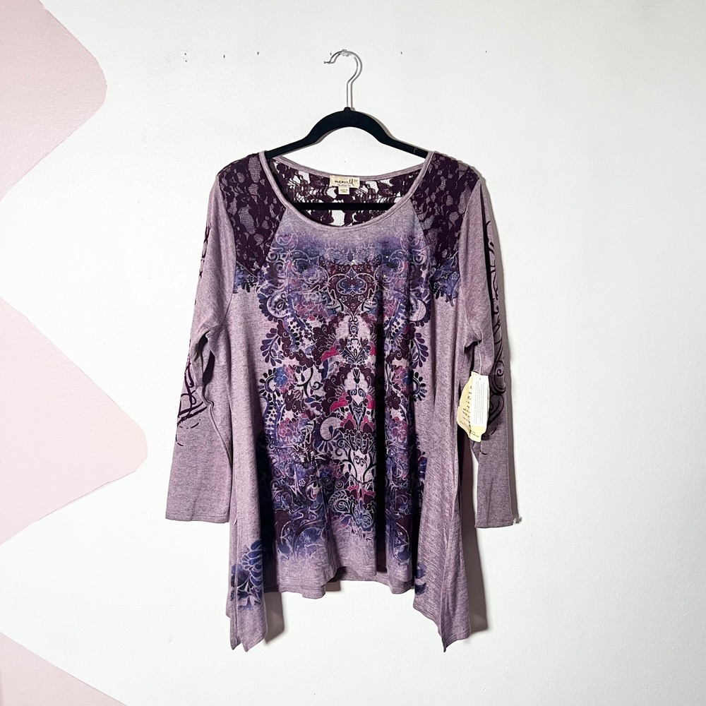 One World Tunic Top Womens 2X Purple Paisley Lace Boho Fairy